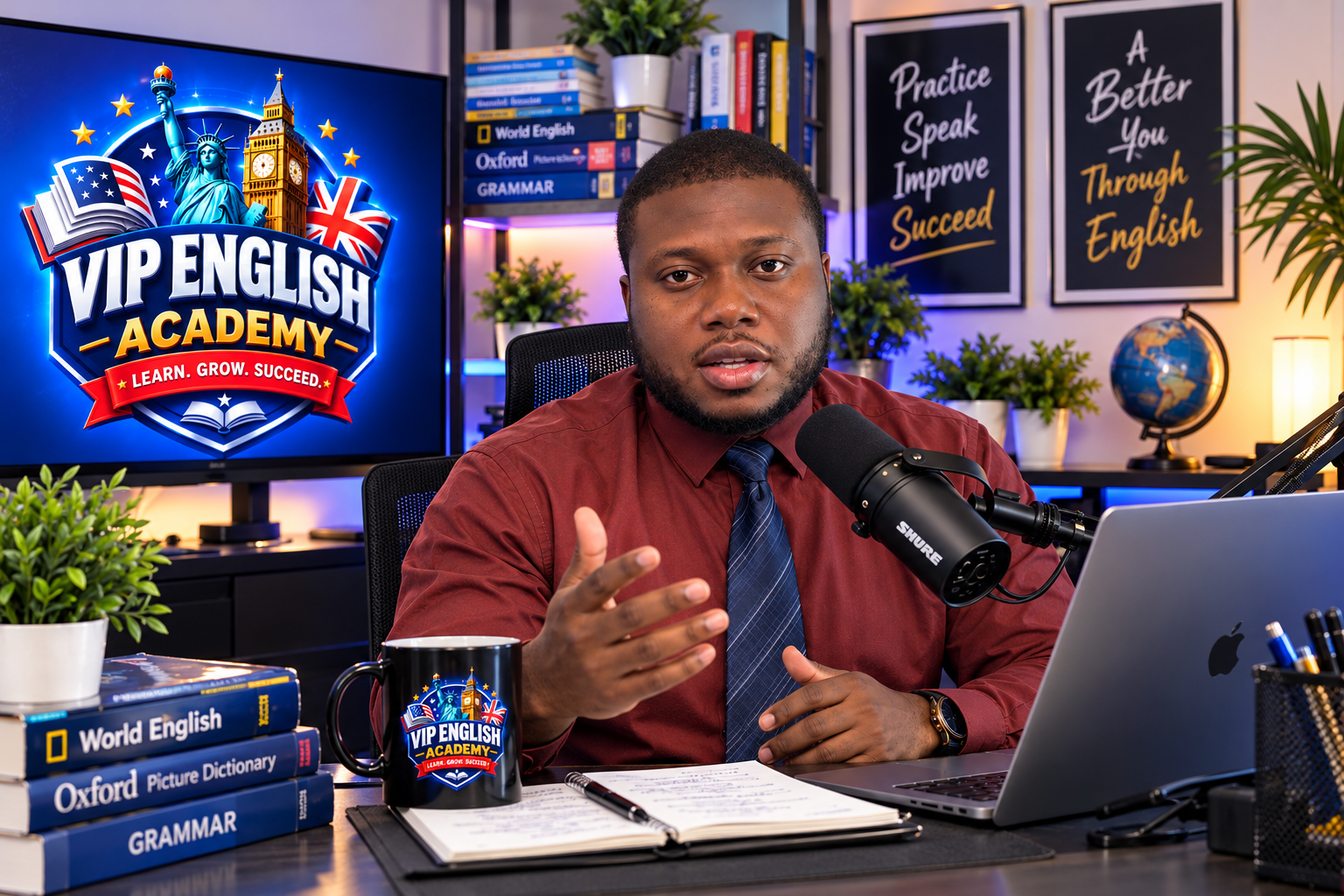 Coach Cleevens teaching English online in the VIP English Academy office